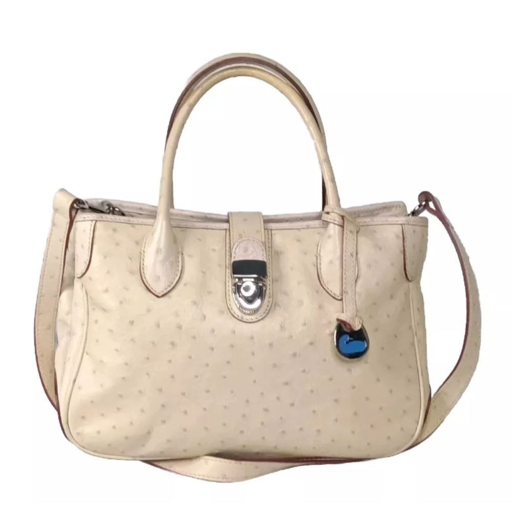 Dooney & Bourke Butter Yellow Ostrich-Embossed Satchel with lilac dots